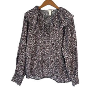H&M Floral Print Ruffle Collar Tie Neck Long Sleeve Peasant Blouse Size Small